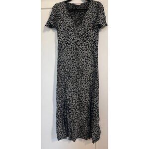 Black and White Floral Button-Front Midi Dress